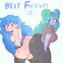 2girls ass ass_to_ass big_ass blue_body blue_hair double_ass_focus friday_night_funkin friday_night_funkin_mod goo_creature goo_girl green_hair gunmin_(huesosdry) huesosdry sky_(friday_night_funkin) skyblue skyblue_(friday_night_funkin) slime slime_girl