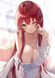 absurdres bangs bare_shoulders blush breasts buttons collarbone female hair_between_eyes hair_down highres hololive hololive_fantasy hololive_japan houshou_marine large_breasts long_hair looking_at_viewer naked_shirt off-shoulder_shirt off_shoulder one_eye_closed open_mouth puripuri red_hair shirt solo virtual_youtuber waking_up white_shirt yellow_eyes