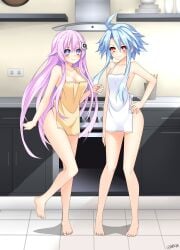 2girls alexstardust31 artist_signature blanc blue_eyes blue_hair blush breasts cpu_(neptunia) female_only flat_chest front_view goddess hair_ornament hand_on_hip kitchen light-skinned_female long_hair looking_at_viewer naked_apron nepgear neptunia_(series) pink_hair power_symbol-shaped_pupils purple_sister red_eyes short_hair short_hair_with_long_locks smile thighs white_heart