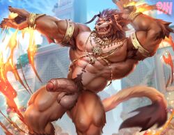 1boy 2023 5_fingers absurd_res ankle_tuft anthro arm_tuft armlet armpit_hair ball_tuft balls bara barazoku barong_(tokyo_afterschool_summoners) beard big_balls big_muscles big_penis black_claws blue_eyes bodily_fluids body_hair bracelet brown_body brown_fur brown_hair brown_pawpads claws dancing elbow_tuft eyebrows facial_hair facial_piercing fangs felid fingers fire foreskin fur genital_fluids genitals glans group hair half-erect happy_trail hi_res humanoid_genitalia humanoid_hands humanoid_penis jewelry leg_tuft lifewonders lion looking_at_viewer male male_only mammal mane muscular muscular_anthro muscular_male necklace nipples nose_piercing nose_ring nude outside pantherine partially_retracted_foreskin pawpads penis physen piercing pink_glans pink_nipples precum pubes ring_piercing sabertooth_(anatomy) smile solo solo_focus tan_body tan_fur tan_penis teeth thick_eyebrows tokyo_afterschool_summoners tuft vein veiny_penis yellow_sclera