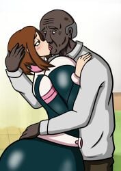 1boy 1girls big_breasts bodysuit dark-skinned_male dark_skin dibuctor huge_breasts interracial kissing my_hero_academia ochako_uraraka ochako_uraraka_(hero_outfit) old_man older_male older_man_and_teenage_girl shounen_jump tagme ugly_bastard ugly_man uraraka_ochako uraraka_ochako_(hero_outfit)