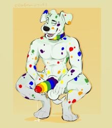 absurd_res animal_genitalia anthro balls black_nose blue_spots bodily_fluids canid canine canis claws clothing collar cum dalmatian digital_media_(artwork) domestic_dog emufur erection fur genital_fluids genitals green_spots hair hi_res leaking_cum lgbt_pride looking_at_viewer male male_only mammal multicolored_penis nude open_mouth penis precum pride_colors rainbow_collar rainbow_penis rainbow_pride_colors rainbow_spots red_spots simple_background six-stripe_rainbow_pride_colors skittles_the_dalmatian smile solo spots spotted_body tongue white_body white_fur yellow_spots