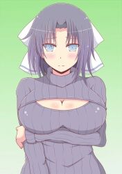 1girls blue_eyes blush breast_window cleavage cleavage_cutout embarrassed female fully_clothed ichiryuu_tsumiki keyhole_turtleneck large_breasts looking_at_viewer medium_hair purple_hair ribbon senran_kagura simple_background solo standing sweater yumi_(senran_kagura)