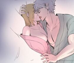 1boy 1girls blonde_hair cleavage closed_eyes dutch_angle female french_kiss gintama gintoki_sakata hair_down hand_on_another's_head intimate kissing male off_shoulder on_back on_bed open_clothes pajamas seigibathala short_hair tongue_out tsukuyo