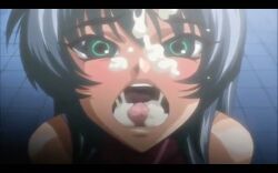 cum cum_in_mouth dark-yoka18 eyes_open facial green_eyes igawa_asagi kagami_hirotaka open_mouth open_wide taimanin_(series) taimanin_asagi