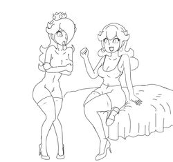 arturesparasito bed breasts clothes covering crown ear_piercing embarrassed embarrassed_nude_female female female_only human mario_(series) monochrome multiple_females nintendo piercing princess_peach princess_rosalina sitting standing tagme