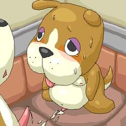 animal_crossing anthro artist_request booker_(animal_crossing) canine copper_(animal_crossing) cum dog gay kneeling male male_only nintendo nipples nude overweight penis source_request tongue tongue_out toony year_request