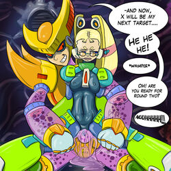 1girls blonde_hair double female glasses mega_man mega_man_x pallette pussy r!p reploid sex slime