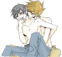 2boys blue_oak finger_in_mouth implied_handjob male_only pokemon reach_around red_(pokemon) tsurukame