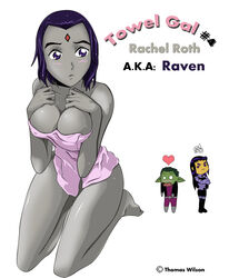 2d 2girls alien alien_girl alien_look_like_human beast_boy blackfire blush breasts cleavage dc dc_comics garfield_logan goth grey-skinned_female grey_skin komand'r medium_breasts multiple_girls pale_skin rachel_roth raven_(dc) straight_hair sweat tbone111 teen_titans towel