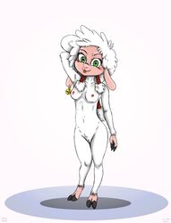 1girls anthro blush bo_beep breasts caprine disney ear_piercing female fur green_eyes hand_behind_head looking_at_viewer mammal navel nipples nude piercing pussy sheep simple_background small_breasts solo standing tongue tongue_out white_background white_fur ziegelzeig zootopia