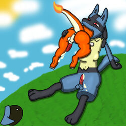 blue_fur charmeleon color cum day eating fire fur furry furry_ears furry_tail gay interspecies lucario male male_only multiple_males nintendo no_humans outdoors penis pointy_ears pokemon pokemon_(species) sitting tail tail_fire testicles vore yaoi