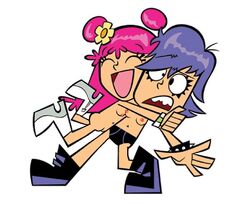 2girls ami breasts cartoon_network edit edited female female_only footwear hi_hi_puffy_amiyumi human jumping multiple_girls neckwear nude pale_skin standing tagme toony topless white_background wristwear yumi yuri