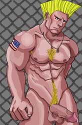 abs artist_request biceps blonde_hair blue_eyes blush dog_tags guile hairy_chest human male male_only muscles navel nipples nude pecs penis precum pubic_hair solo street_fighter tattoo testicles vein veiny_penis