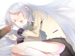 1boy 1girls angel_beats! cum cum_on_tongue female kanade_tachibana male penis school_uniform tagme tenshi white_hair