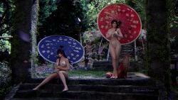 2girls 3d 3dloveandpeace black_hair casual_nudity dead_or_alive huge_breasts momiji_(ninja_gaiden) naked ninja_gaiden nude nude_female nyotengu outside umbrella voluptuous