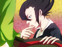 artist_request black_hair burgh_(pokemon) clothes color fellatio grimsley hair human humanoid insertion male male_only multiple_males oral penis pokemon pokemon_bw side_view yaoi