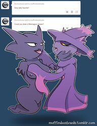 anoddscot breast_grab breasts clitoris clothing female floating ghost half-closed_eyes hat haunter mismagius nintendo nipples open_mouth pokemon pokemon_(species) pussy saliva saliva_string sharp_teeth spirit teeth tongue tumblr video_games wide_hips yellow_eyes yuri