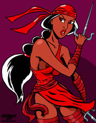 1girls 2009 aladdin arabian colored cosplay daredevil_(series) dark-skinned_female dark_skin disney disney_princess elektra_natchios_(cosplay) female human karmagik marvel nipples princess_jasmine pussy sai_(weapon) solo the_chunt weapon wwoec