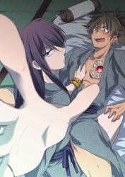 blush gay japanese_clothes jewel male on_back open_clothes open_mouth raven_(tov) straddle surprised tagme tales_of_(series) tales_of_vesperia undressing wide_eyed yuri_lowell