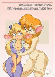 2girls anthro anthrofied biting_lip blonde_hair blue_eyes breasts busty catgirl chip_'n_dale_rescue_rangers cleavage cleo_catillac crossover disney erect_nipples female female_only fur furry gadget_hackwrench jumpsuit mouse nipples simone-sam the_catillac_cats voluptuous