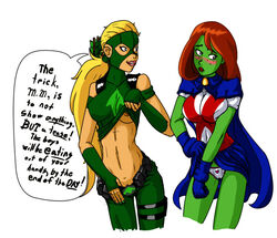 1boy 2girls ahe_gao areola areola_slip artemis_(dc) artemis_crock blush breasts cleavage clothing dc dc_comics dcau earth_16 female green_skin jim_sugomi megan_morse miss_martian panties skirt straight_hair teen_titans young_justice