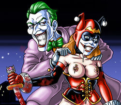 1boy 1girls barbara_gordon batgirl batman_(series) blood clownification corruption cosplay dc dc_comics drool enemy_conversion female harley_quinn harley_quinn_(cosplay) human joker jokerfication jokerization knife male nipple_piercing nipples pierced_nipples straight tagme weapon