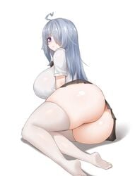 big_ass big_thighs blue_hair eye_bags feet female hair_over_one_eye huge_breasts human mei_(2b213) one_eye_covered short_skirt skirt solo thick_ass thick_thighs thighhighs wowowo-chan