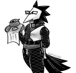 beverage bulge clothing deltarune fishnet fishnet_clothing fishnet_legwear hi_res holding_beverage holding_object jockstrap legwear male monochrome snaxattacks solo swatch_(deltarune) undertale_(series) underwear