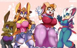 4girls big_breasts breasts bunnie_rabbot busty carrotia_the_rabbit cleavage clothing deegee devilishcentral dress female female_only furry gun hat height_difference holster huge_breasts itsfuckingfurry lagomorph large_breasts looking_at_viewer mechanical mechanical_arm mechanical_legs milf mother rabbit sega shortstack sonic_(series) sonic_the_hedgehog_(series) thick_thighs vanilla_the_rabbit wide_hips