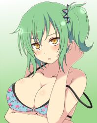 1girls bangs bra bra_slip female green_hair hikage_(senran_kagura) ichiryuu_tsumiki large_breasts light-skinned_female light_skin looking_at_viewer medium_hair open_mouth rose senran_kagura side_ponytail simple_background solo yellow_eyes