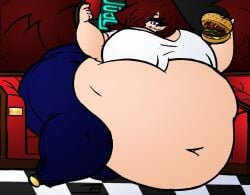 bbw burger chubby chubby_belly fat female fluffy_hair giantess hair_covering_eye huge_ass huge_belly huge_breasts huge_hair huge_thighs hyper hyper_ass hyper_belly hyper_breasts hyper_hair hyper_thighs joan_(neoclassical_succubus) macro neoclassical_succubus one_eye_covered purple_eyes restaurant size_difference tagme thick_thighs