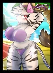 1girls anthro beach beach_background beach_towel big_breasts bikini bikini_top blush blushing_at_viewer fluffy furry hat looking_at_viewer palm_tree piggy_(game) purple_bikini purple_swimsuit red_eyes roblox roblox_game sun_rays sunlight tail thick_thighs thigh_squish water wearing_hat woflgame zebra zizzy zizzy_(piggy)