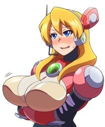 1girls alia android arms_crossed big_breasts blonde_hair blush breast_hold breasts busty clothed crossed_arms large_breasts mega_man mega_man_x motion_lines noburockman robot_girl smile tagme