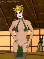 1girls avatar_legends avatar_the_last_airbender cameltoe earth_kingdom facepaint female headwear kyoshi_warrior loincloth makeup panties sauvdraws see-through_bra smirk suki thighhighs