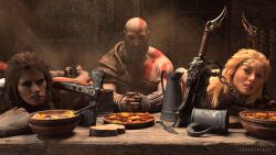 1boy 2girls 3d 3d_(artwork) aesir_(norse_mythology) age_difference axe bald bald_man beard blade blonde_hair blue_eyes bondage braided_hair brown_eyes brown_hair chained chains eroguysensei food freya_(god_of_war) front_view god god_of_war god_of_war_ragnarok goddess greek_mythology imminent_rape imminent_sex indoors kratos long_hair looking_at_partner looking_at_viewer male medium_hair milf mother mythology naked naked_female norse_mythology nude nude_female old_man older_male rape rape_face realistic santa_monica_studio sif_(god_of_war) slushe_username sony_corporation sony_interactive_entertainment table tattoo tattooed_arm tattoos twitter_username vanir_(norse_mythology)