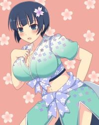 1girls bangs black_hair blue_eyes blush breasts cherry_blossoms cleavage female flower flower_in_hair front_view ichiryuu_tsumiki japanese_clothes large_breasts leaning_forward light-skinned_female light_skin midriff open_mouth ribbon senran_kagura short_hair simple_background solo yozakura_(senran_kagura)