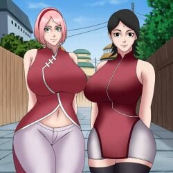 2girls adult age_difference aged_up alternate_body_type alternate_breast_size big_ass big_breasts black_eyes black_hair boruto:_naruto_next_generations breasts facial_mark female female_only forehead_mark fully_clothed green_eyes hourglass_figure huge_breasts milf mother_and_daughter multiple_girls naruto naruto_(series) no_eyewear no_glasses older_female pink_hair sakura_haruno sarada_uchiha slim_waist smile sutokatsu takeover teenager voluptuous younger_female