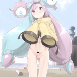 1boy 1femboy bar_censor beach blue_hair blue_pubic_hair blue_sky bottomless censored character_hair_ornament clenched_teeth cloud cute_male day erection femboy genderswap_(ftm) hair_ornament highres iono_(pokemon) jacket looking_down male_symbol mars_symbol mischievous mischievous_smile miyako_(naotsugu) multicolored_hair navel ocean outdoors penis petite petite_body petite_male pink_eyes pink_hair pink_pubic_hair pokemon pokemon_(game) pokemon_sv rule_63 sky sleeves_past_fingers sleeves_past_wrists small_penis smaller_male smile snarky solo solo_focus solo_male standing teeth testicles two-tone_hair two-tone_pubic_hair yellow_jacket