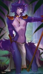 anthro big_bulge blue_body blue_fur blue_hair bulge canid canine countershading fox ftm_crossgender fur genderswap_(ftm) hair jewelry krystal looking_at_viewer male mammal momobeda navel nintendo nipples rule_63 solo staff star_fox