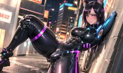 1futa abs ai_generated black_hair bodysuit bulge cat_ears cyberpunk furry futa_only futanari robotic_arm robotic_leg solo toned_futa