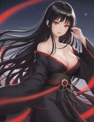 1girls adjusting_hair ai_generated asian bare_shoulders black_hair black_kimono cleavage female highres kimono large_breasts long_hair looking_at_viewer original original_character red_eyes shmebulock36 smile solo solo_female