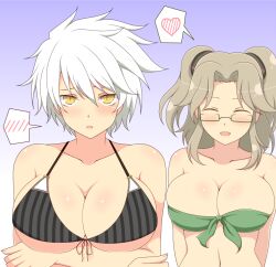 2girls arms_behind_back bikini bikini_top black_bra blush closed_eyes crossed_arms duo embarrassed female female_only glasses happy heart huge_breasts ichiryuu_tsumiki imu_(senran_kagura) light-skinned_female light_skin looking_at_viewer midriff miyabi_(senran_kagura) open_mouth senran_kagura short_hair simple_background speech_bubble standing tied_bikini_top twintails white_hair yellow_eyes