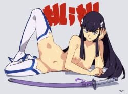 1girls angry annoyed areolae bakuzan bare_shoulders belly black_hair boots breasts female female_only full_body hairless_pussy head_on_hand heels high_heels katana kill_la_kill kiryuuin_satsuki legs light-skinned_female long_hair looking_at_viewer lying_on_side medium_breasts naked_boots naked_footwear naked_socks navel nipples nude on_side optionaltypo purple_eyes shaved_pussy shoes small_breasts socks solo spread_legs stomach studio_trigger sword waist