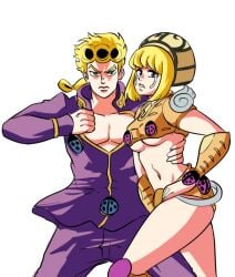 1boy 1girls blonde_hair blonde_hair_female blonde_hair_male female giorno_giovanna gold_experience jojo's_bizarre_adventure looking_at_viewer male purple_eyes purple_eyes_female rule_63 stand_(jjba) tinafate1 vento_aureo white_background