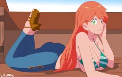 1girls armpits ass back big_breasts bra breasts busty cosplay creatures_(company) crossover denim female female_only game_freak gen_1_pokemon green_eyes gym_leader highres huge_breasts jeans kasumi_(pokemon) large_breasts legs lirudraw long_hair misty_(pokemon) nami nami_(one_piece) nami_(one_piece)_(cosplay) navel nintendo one_piece orange_hair pokemon pokemon_(anime) pokemon_(classic_anime) pokemon_(game) pokemon_rgby ponytail pose posing post-timeskip shirt side_ponytail smile solo the_pose thighs white_shirt