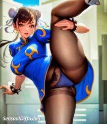 2d ai_generated blue_dress bracelet breasts brown_hair capcom china_dress chinese_clothes chun-li double_bun dress earrings fanart female female high_kick large_breasts leg_up legwear looking_at_viewer makeup nsfw panties pantyhose pinup short_sleeves solo standing_on_one_leg street_fighter thighs underwear video_games