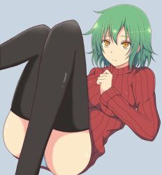 1girls female green_hair hikage_(senran_kagura) ichiryuu_tsumiki large_breasts laying_down light-skinned_female light_skin medium_hair neutral_expression panties senran_kagura simple_background solo sweater thighhighs underwear yellow_eyes