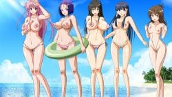 5girls akane_(artist) akane_(cgbox) areola areolae beach big_breasts bikabika bikini bikini_bottom_only bimbo black_hair breasts brown_hair cg_box erect_nipples functionally_nude happy huge_areola huge_areolae huge_breasts huge_nipples large_breasts looking_at_viewer multiple_girls naked nipples nude outdoor outdoors outside pink_hair pointless_clothes pointless_clothing public public_indecency public_nudity purple_hair pussy swimsuit to_love-ru topless transparent transparent_clothing useless_clothes useless_clothing