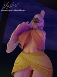 3d_(artwork) anthro areola avian beak bird blender_(software) clothed clothing digital_media_(artwork) female gem genitals hi_res hiddenmask18 navel night nude one_eye_closed pussy solo wings wink